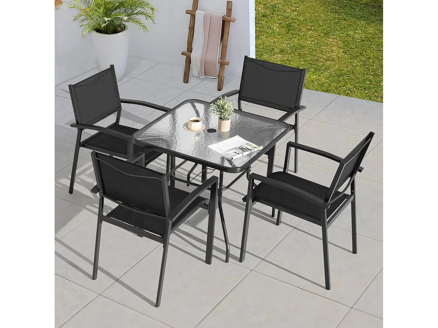 Lot de 4 Chaises de Jardin Empilables, en tissu textilene et cadre en fer thermolaqué