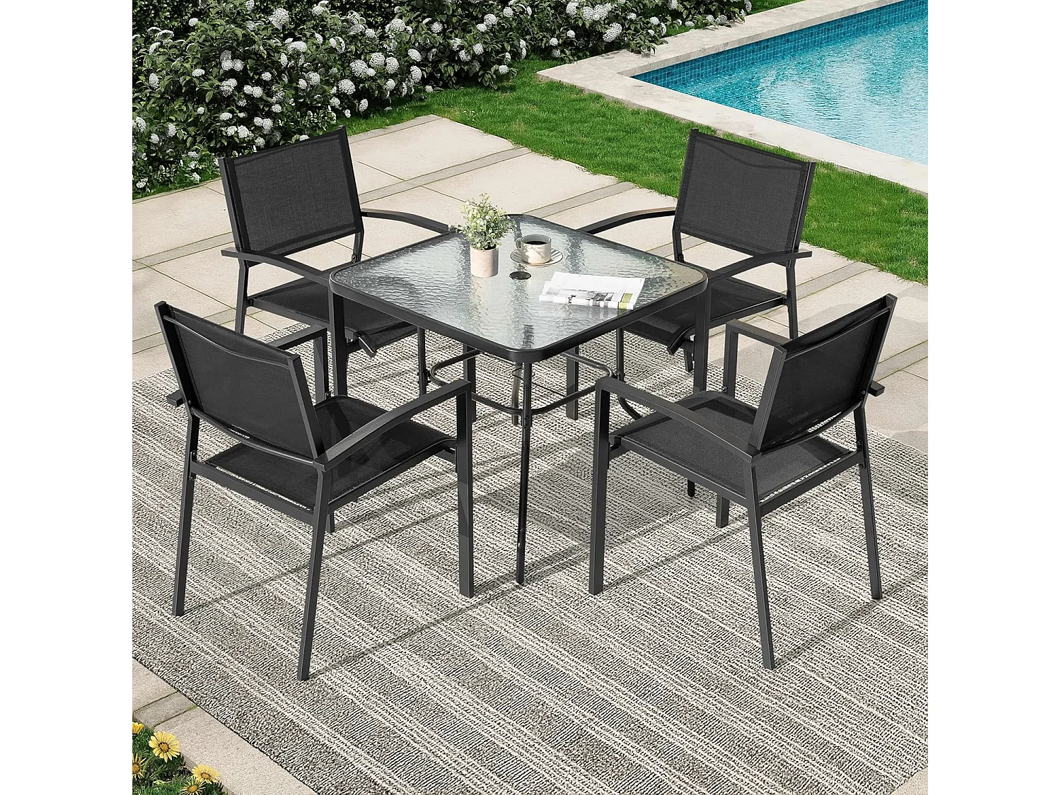 Lot de 4 Chaises de Jardin Empilables, en tissu textilene et cadre en fer thermolaqué