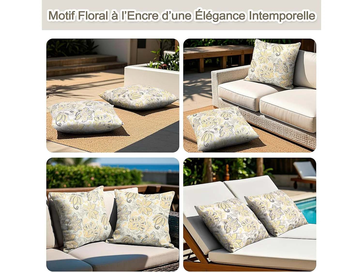 Coussins décoratifs intérieur extérieur 44x44x16,5 cm floral encré lot 2 Avestar