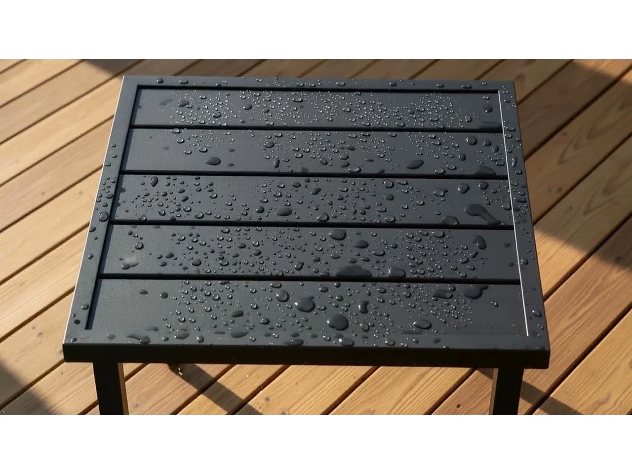 Table D’Appoint Carrée Plateau Lamelles Pieds Réglables Métal Noir