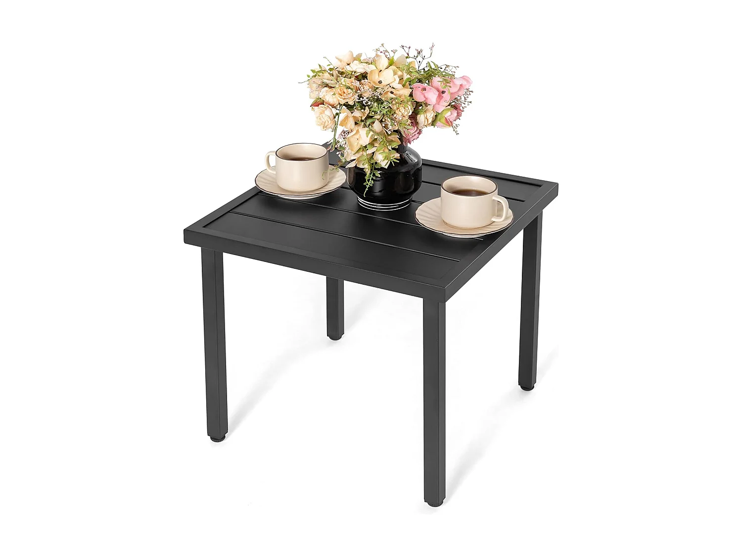 Table D’Appoint Carrée Plateau Lamelles Pieds Réglables Métal Noir