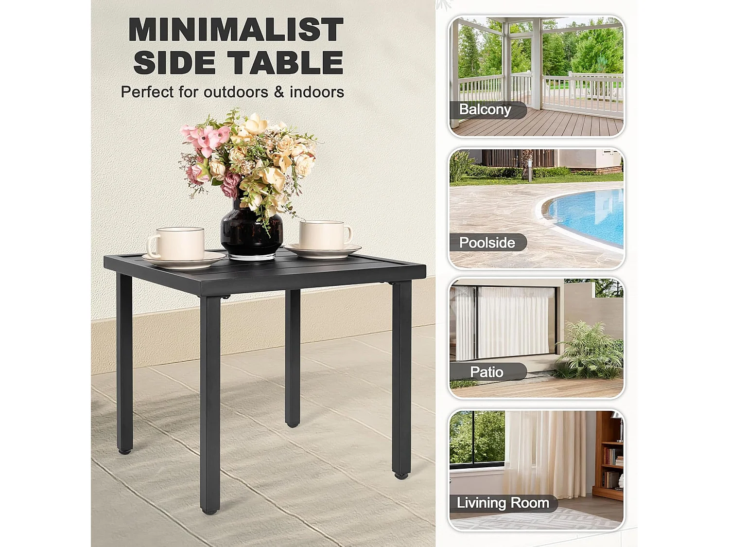 Table D’Appoint Carrée Plateau Lamelles Pieds Réglables Métal Noir