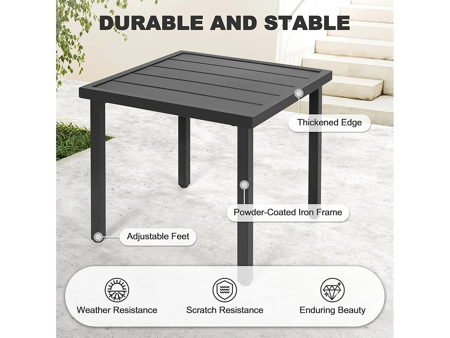Table D’Appoint Carrée Plateau Lamelles Pieds Réglables Métal Noir