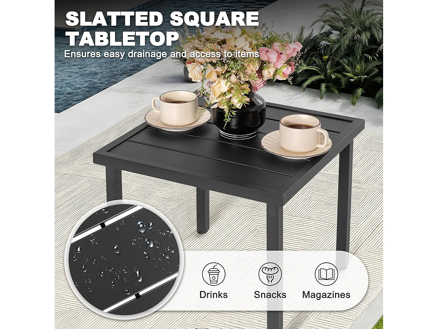 Table D’Appoint Carrée Plateau Lamelles Pieds Réglables Métal Noir