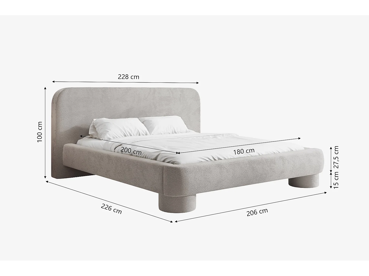 Lit capitonné MNUUO COLEA avec coffre de rangement, gris, 180 x 200 cm, sommier à lattes en bois relevable.