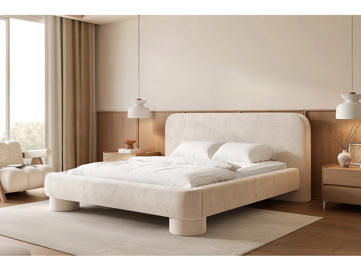 Lit capitonné MNUUO COLEA avec coffre de rangement, beige, 180 x 200 cm, sommier à lattes en bois relevable