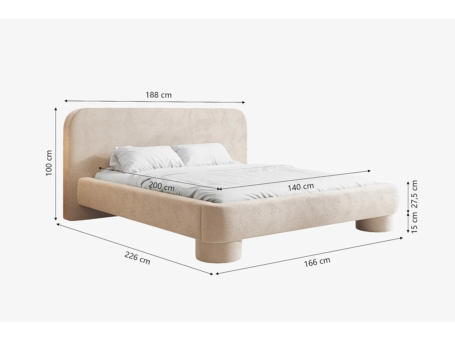 Lit capitonné MNUUO COLEA avec coffre de rangement, beige, 140 x 200 cm, sommier à lattes en bois relevable