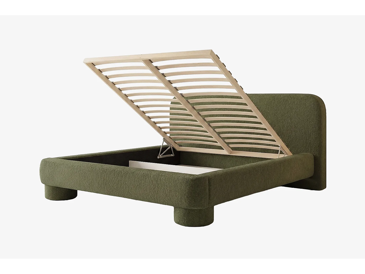 Lit capitonné MNUUO COLEA avec coffre de rangement Olive 160 x 200 cm, sommier à lattes en bois relevable