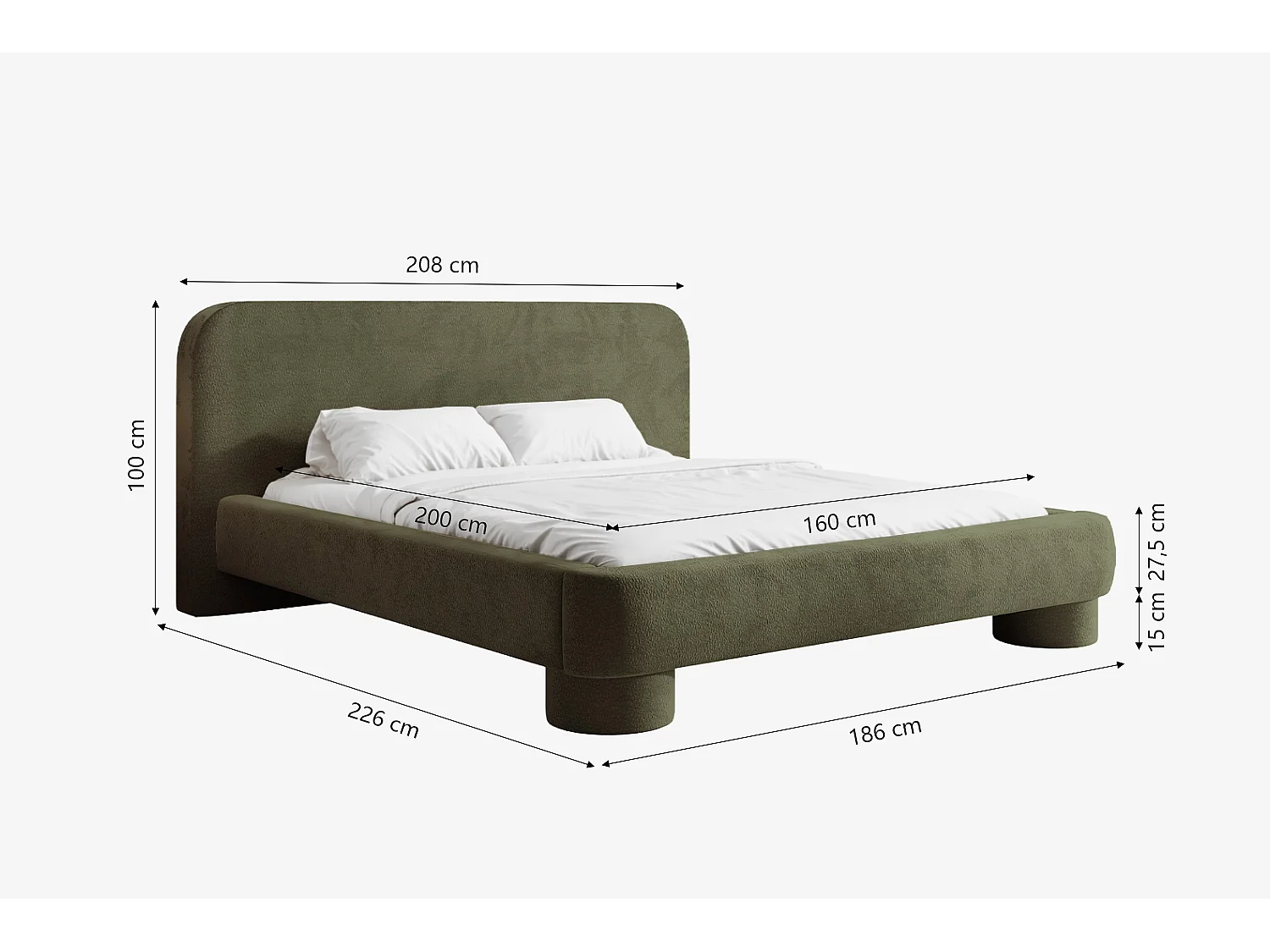 Lit capitonné MNUUO COLEA avec coffre de rangement Olive 160 x 200 cm, sommier à lattes en bois relevable
