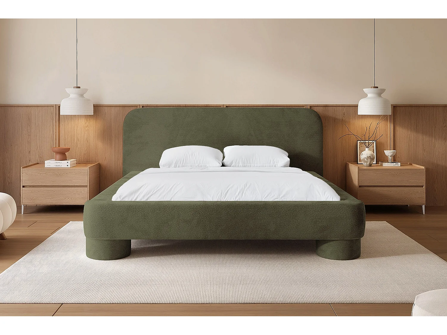 Lit capitonné MNUUO COLEA avec coffre de rangement Olive 140 x 200 cm, sommier à lattes en bois relevable