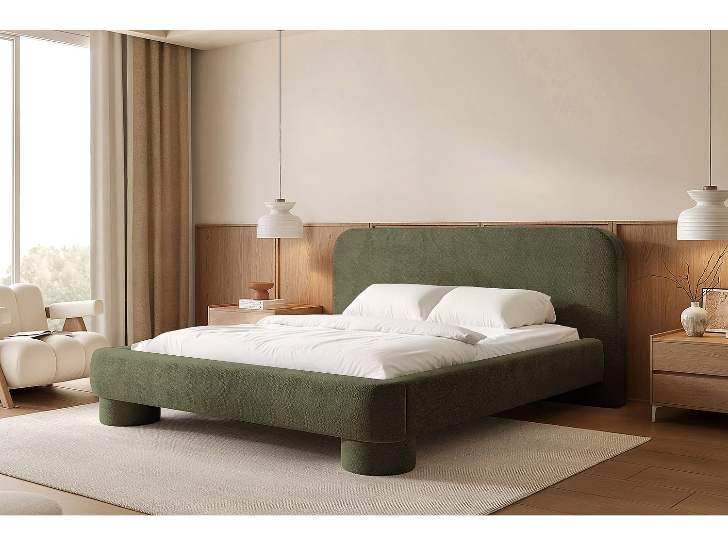 Lit capitonné MNUUO COLEA avec coffre de rangement Olive 180 x 200 cm, sommier à lattes en bois relevable