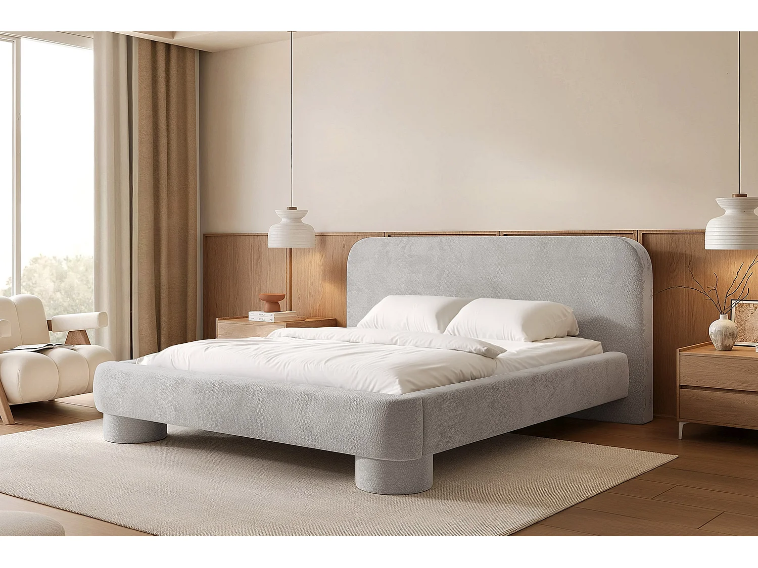 Lit capitonné MNUUO COLEA avec coffre de rangement, gris, 160 x 200 cm, sommier à lattes en bois relevable.