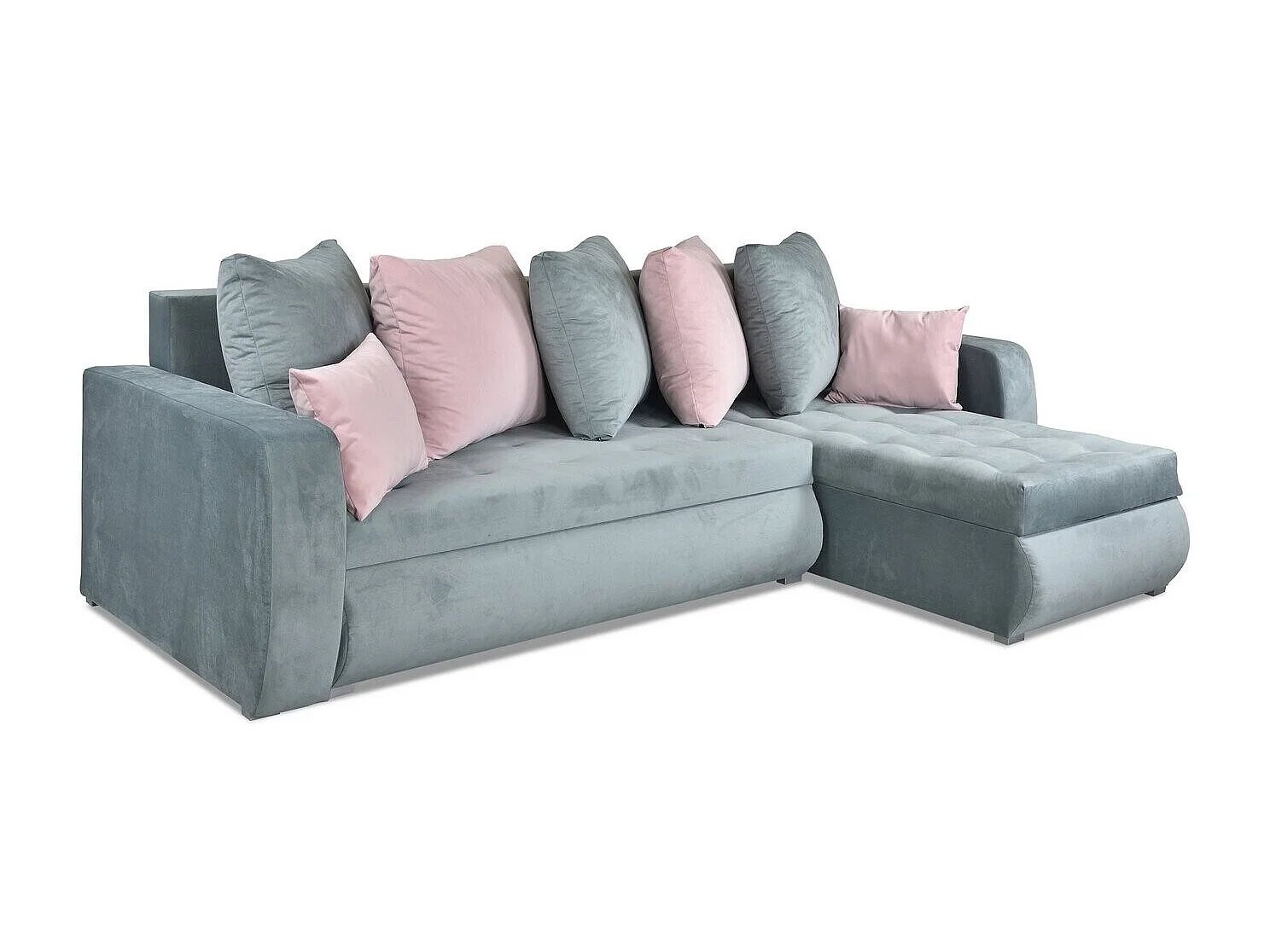 Trinity-Ecksofa mit Schlaffunktion und Bettkasten in grau-rosa Farbe.