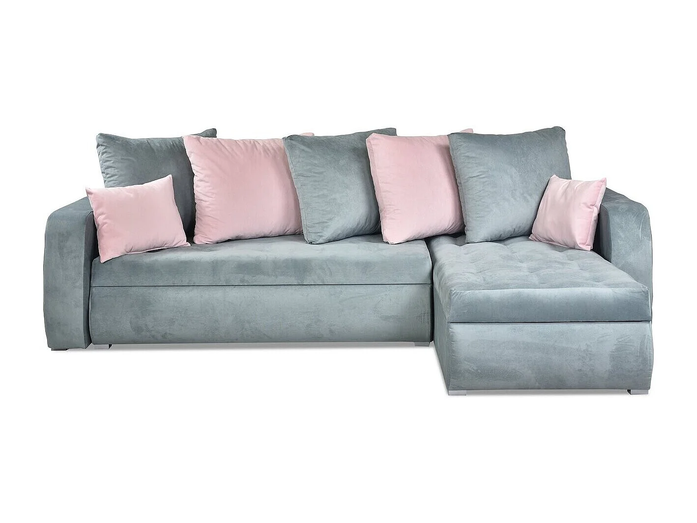 Trinity-Ecksofa mit Schlaffunktion und Bettkasten in grau-rosa Farbe.