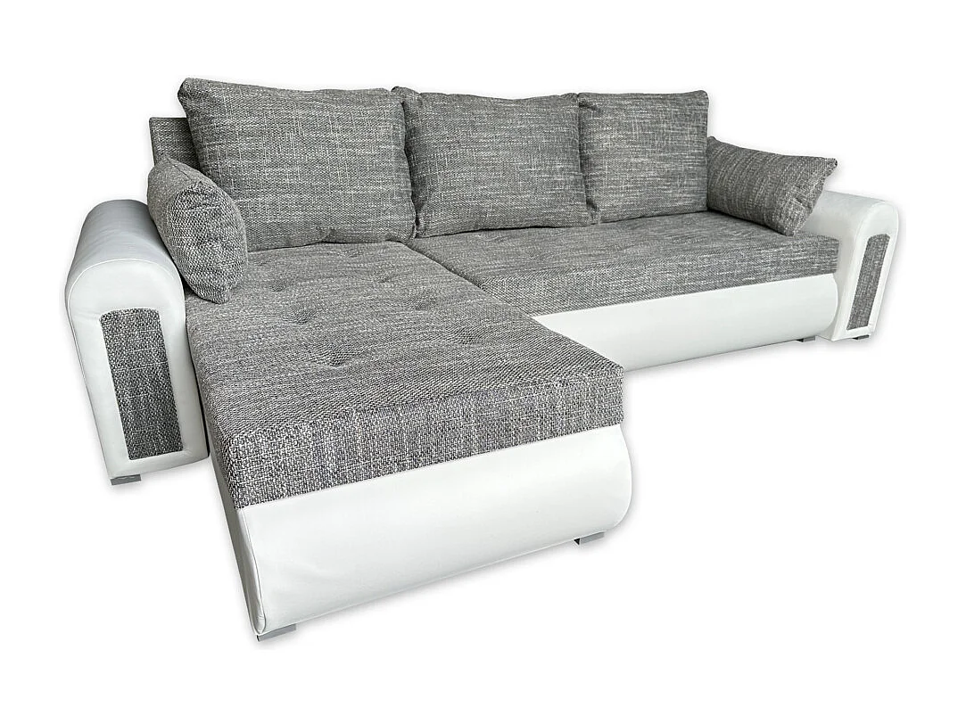 Relax-Ecksofa mit Schlaffunktion und Bettkasten in grau und weiß berlin 01 + weißes Ökoleder