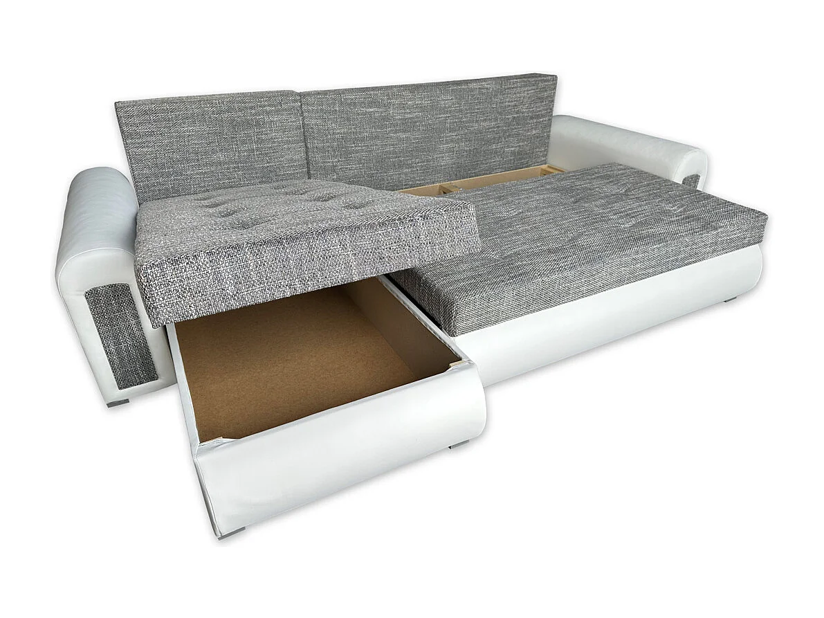 Relax-Ecksofa mit Schlaffunktion und Bettkasten in grau und weiß berlin 01 + weißes Ökoleder