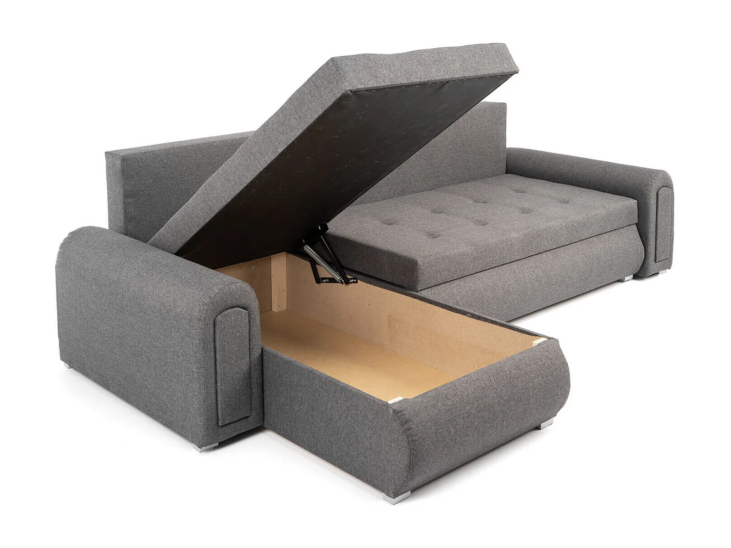 Relax-Ecksofa mit Schlaffunktion und Bettkasten in grauer Farbe, Stoff Sawana 05