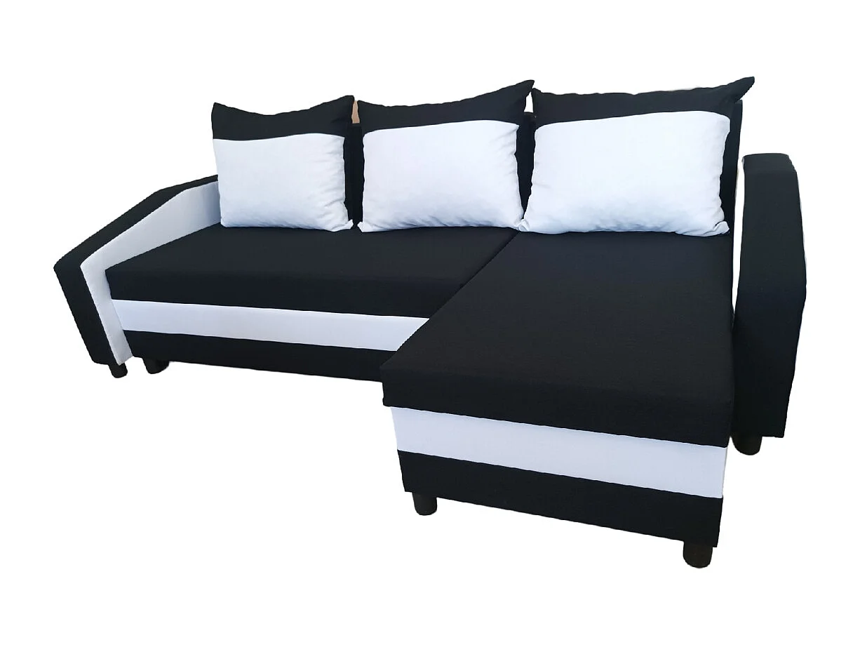 Logan-Ecksofa mit Schlaffunktion und Bettkasten in schwarz und weiß sawana 14 + sawana 99