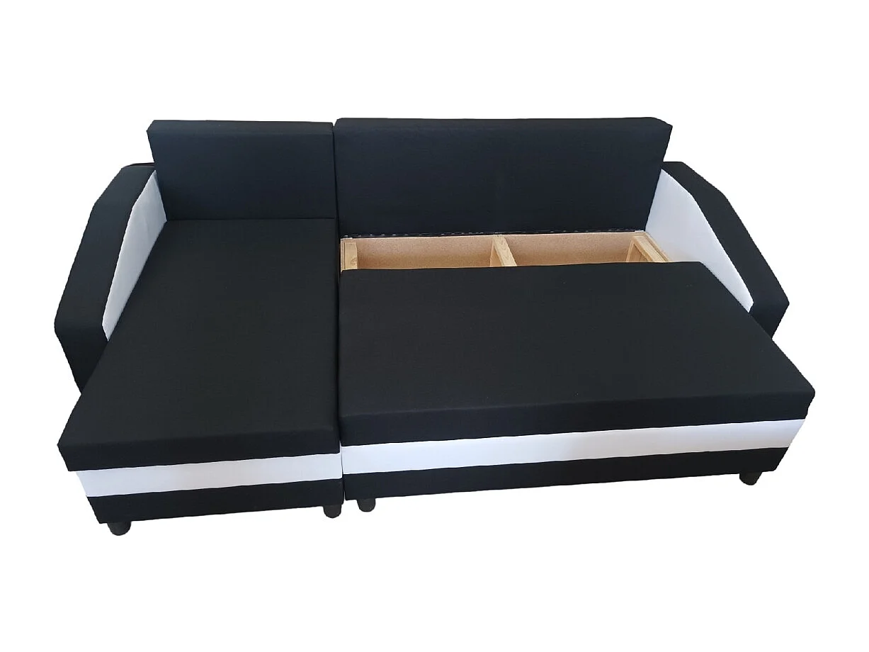Logan-Ecksofa mit Schlaffunktion und Bettkasten in schwarz und weiß sawana 14 + sawana 99