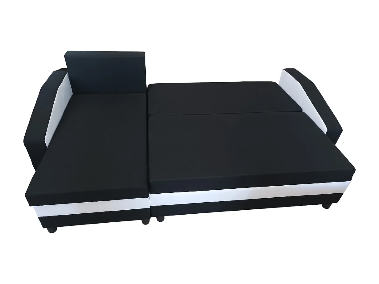 Logan-Ecksofa mit Schlaffunktion und Bettkasten in schwarz und weiß sawana 14 + sawana 99