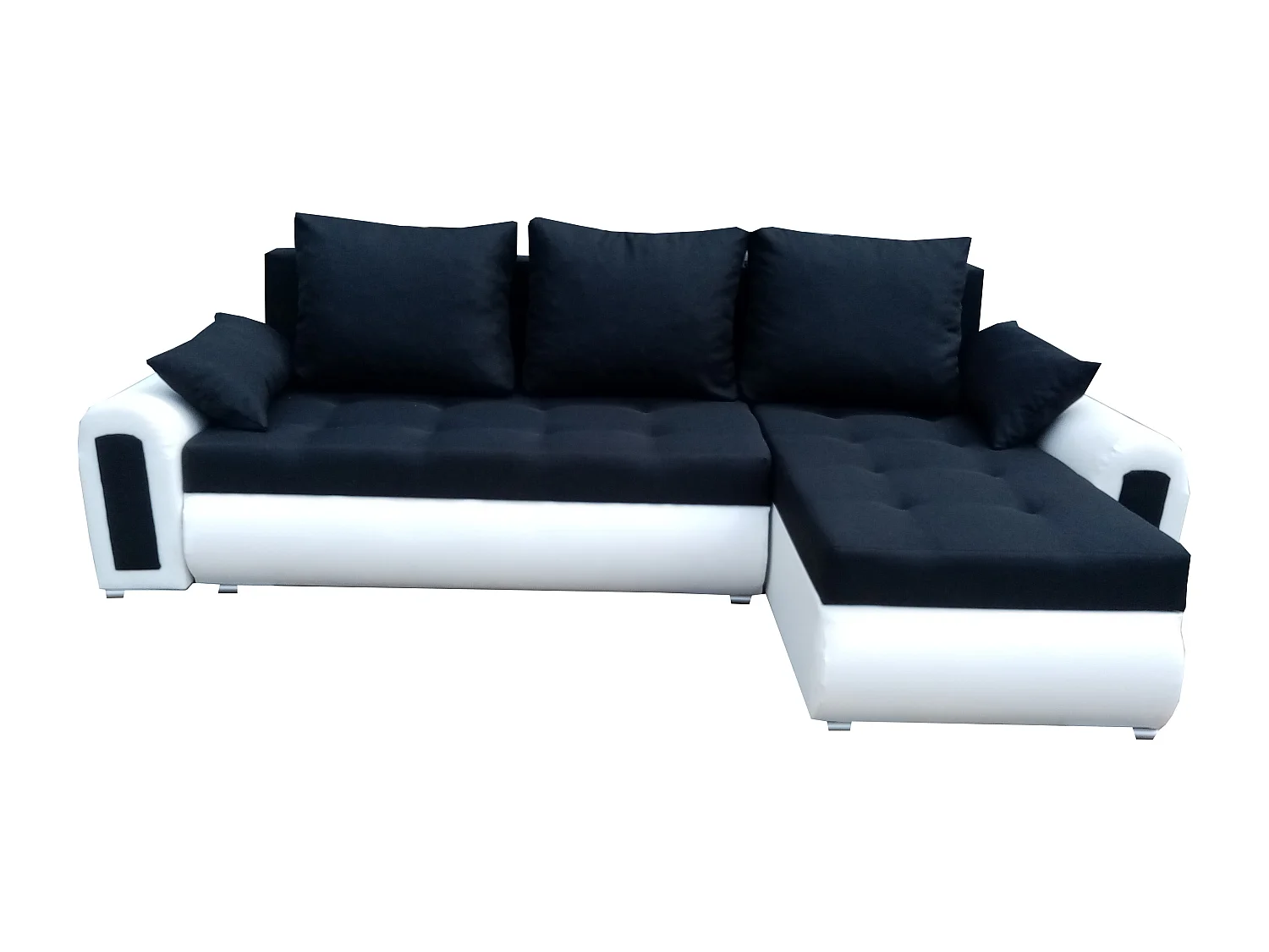 Relax-Ecksofa mit Schlaffunktion und Bettkasten schwarz-weißes savana 14 + weißes Ökoleder