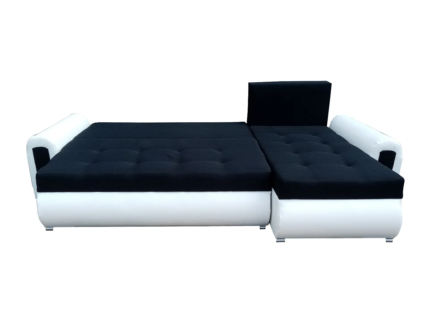 Relax-Ecksofa mit Schlaffunktion und Bettkasten schwarz-weißes savana 14 + weißes Ökoleder