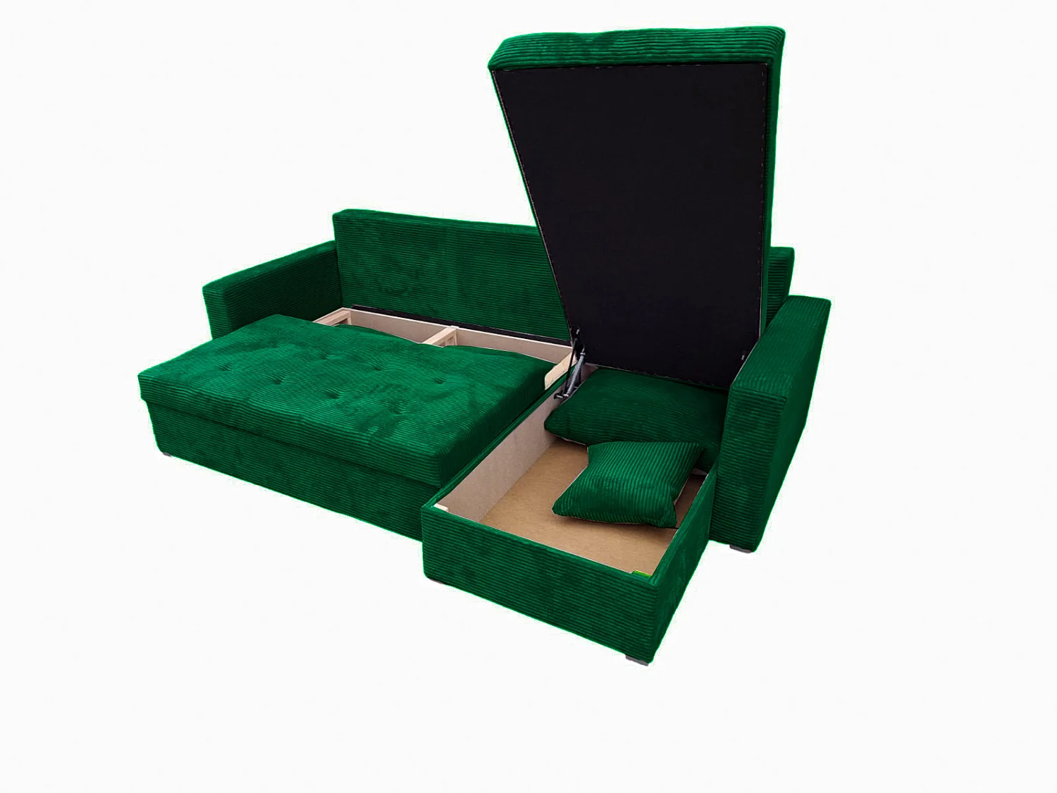 Ecksofa Gustaw mit Schlaffunktion, Bettkasten und Kissen, Cordstoff Zoom 10 Grün