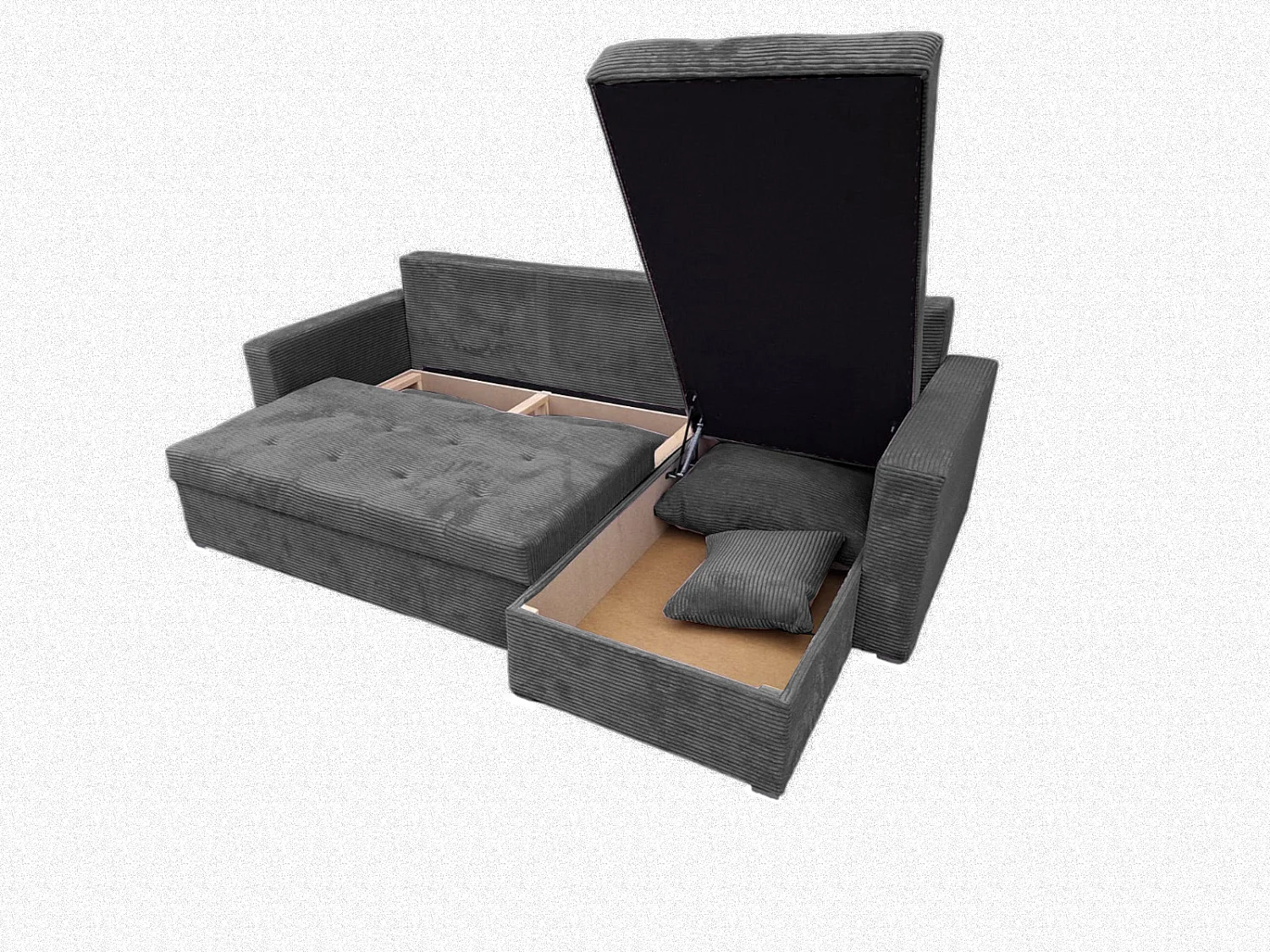 Ecksofa Gustaw mit Schlaffunktion, Bettkasten und Kissen, Cordstoff Zoom 22 Graphit