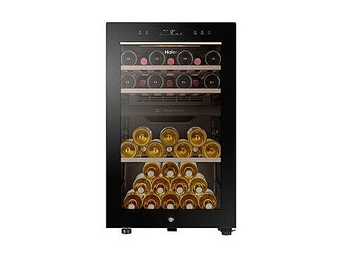 Wijnkoelkast Haier HWS42GDAU1 voor 42 flessen, dubbele zone, omkeerbare glazen deur, houten planken, WiFi, koolstoffilter