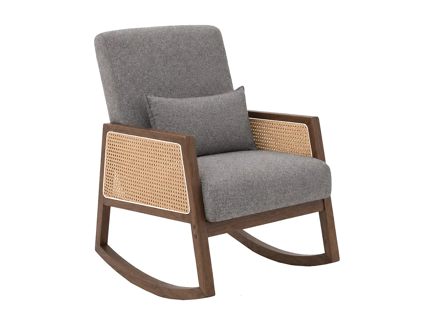 Butaca mecedora Gris de estilo boho con estructura de madera oscura y ratán Sofia