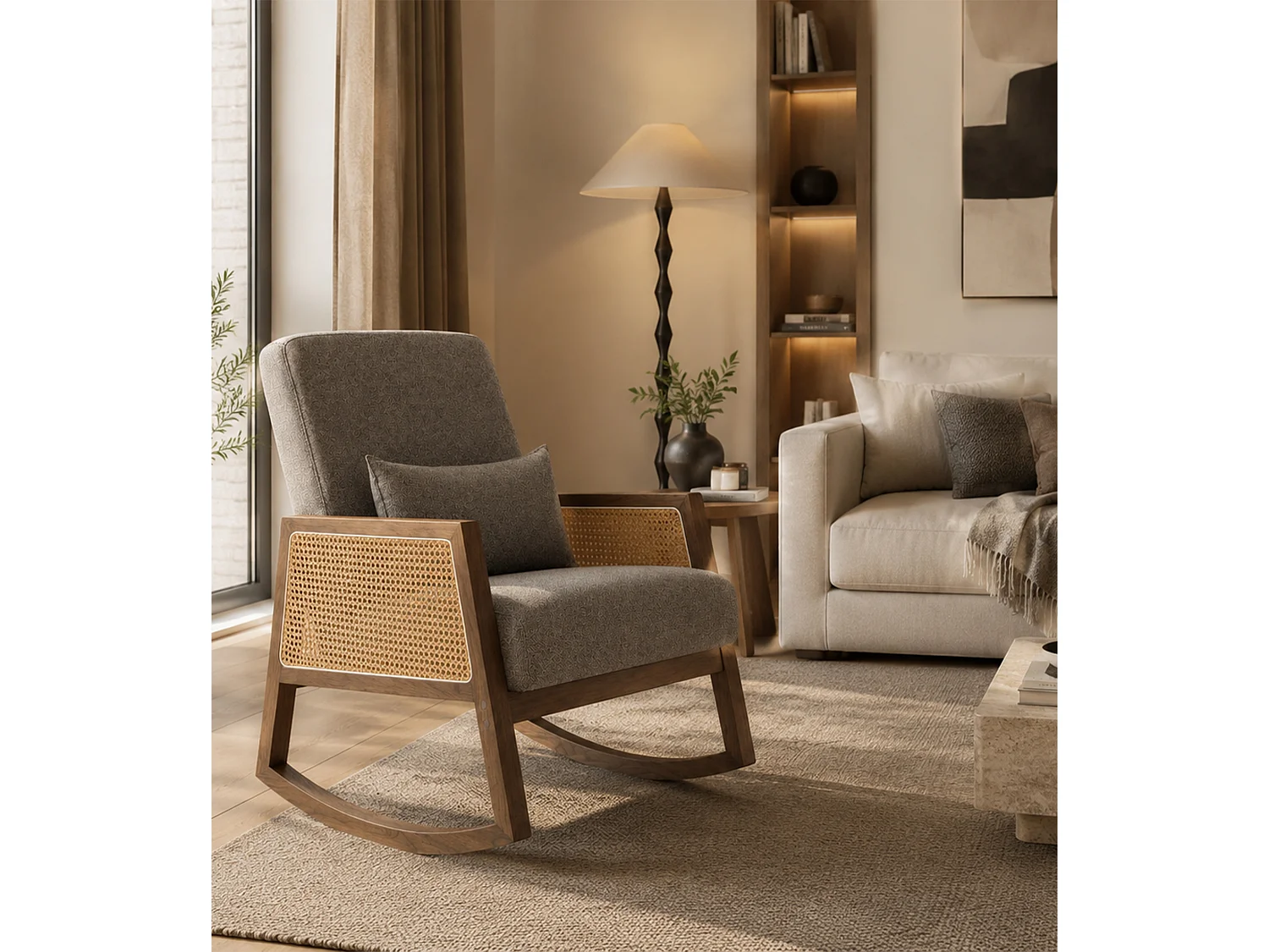 Butaca mecedora Gris de estilo boho con estructura de madera oscura y ratán Sofia