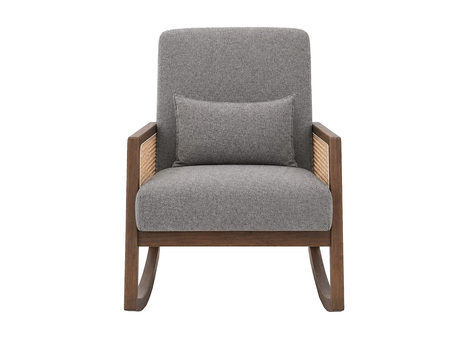 Butaca mecedora Gris de estilo boho con estructura de madera oscura y ratán Sofia