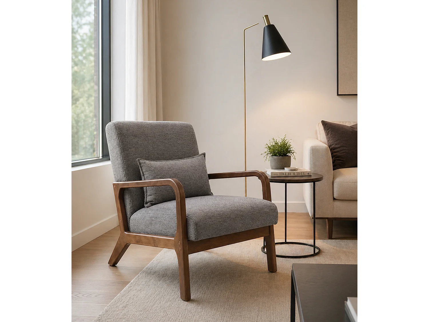 Butaca estilo nordico con estructura en madera oscura y tela con cojín lumbar en marrón taupe Nicole