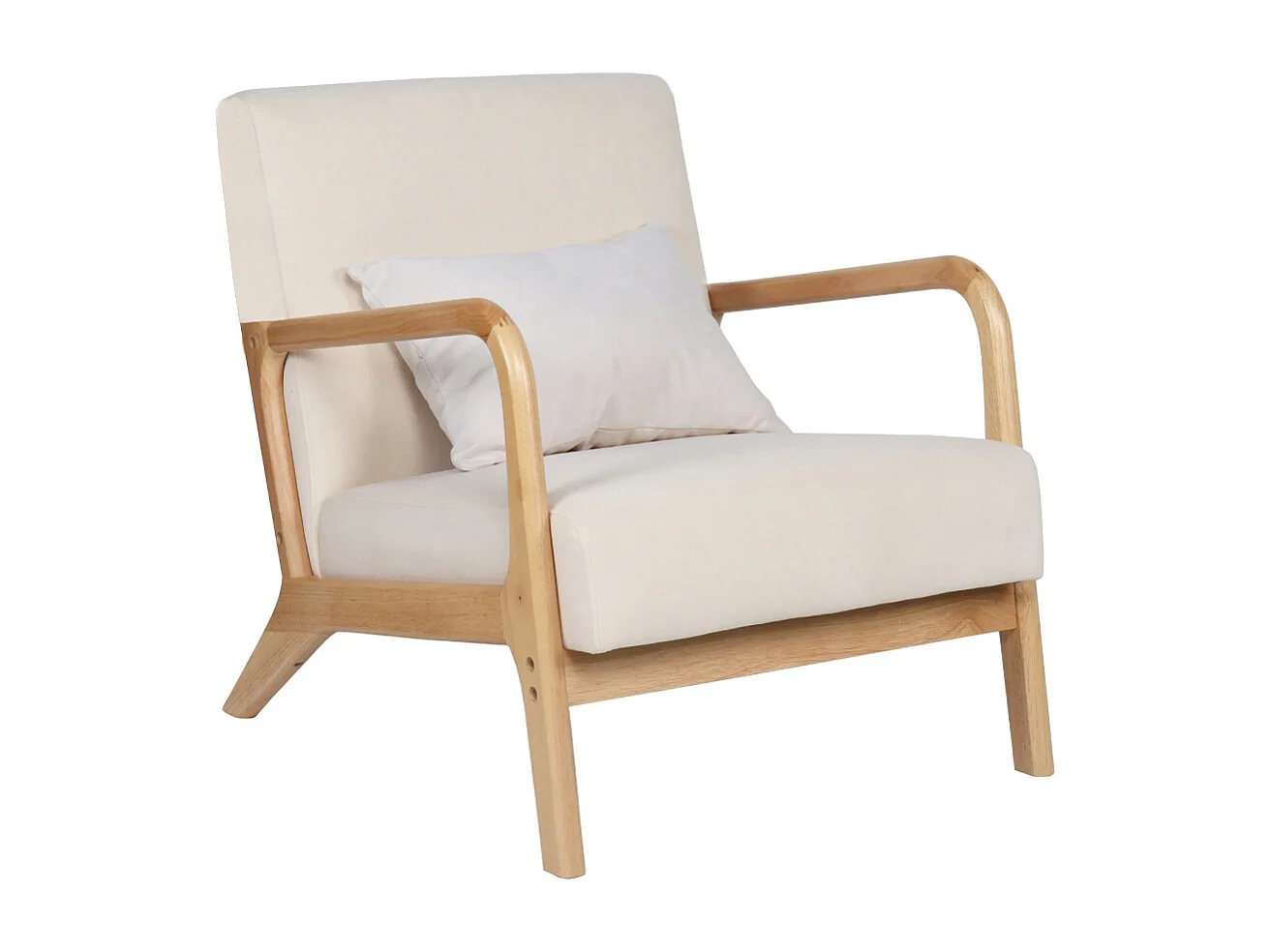 Butaca estilo nordico con estructura en madera clara y tela con cojín lumbar en beige Nicole