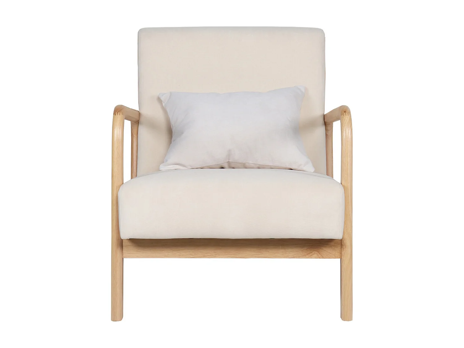 Butaca estilo nordico con estructura en madera clara y tela con cojín lumbar en beige Nicole