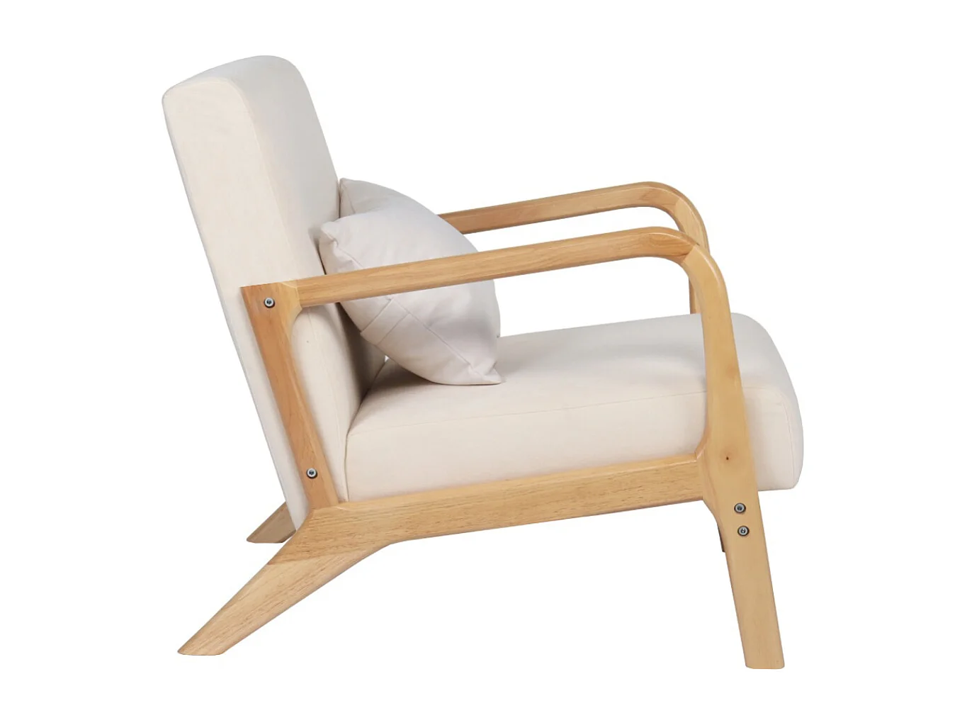 Butaca estilo nordico con estructura en madera clara y tela con cojín lumbar en beige Nicole