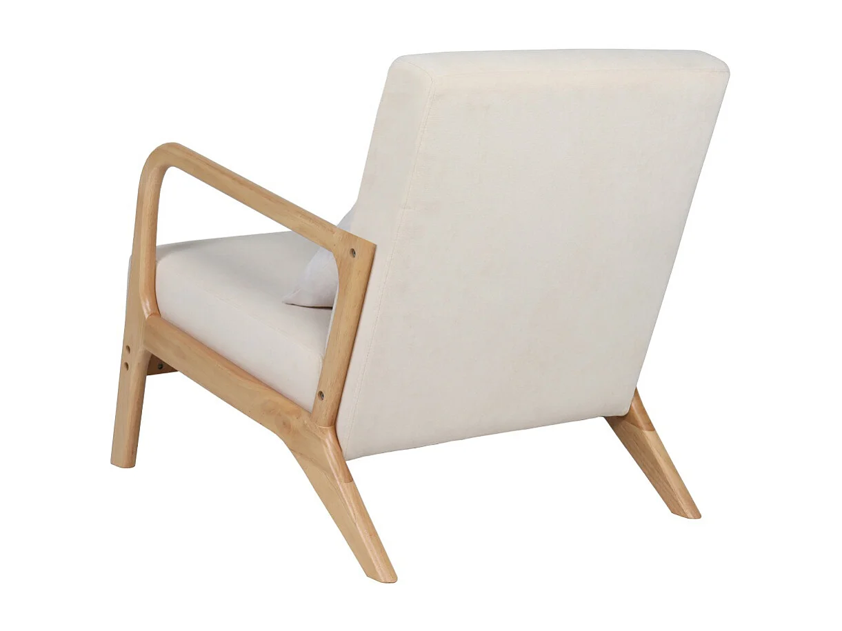 Butaca estilo nordico con estructura en madera clara y tela con cojín lumbar en beige Nicole
