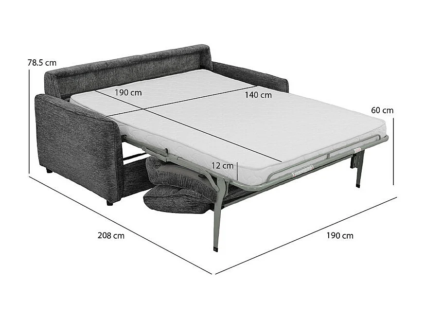 Canapé convertible 2p tissu doux gris avec matelas 140x190 cm - JOHN