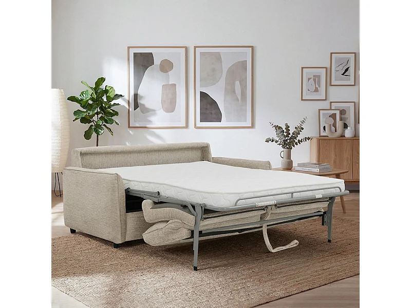 Canapé convertible 3p tissu doux beige avec matelas 160x190 cm - JOHN