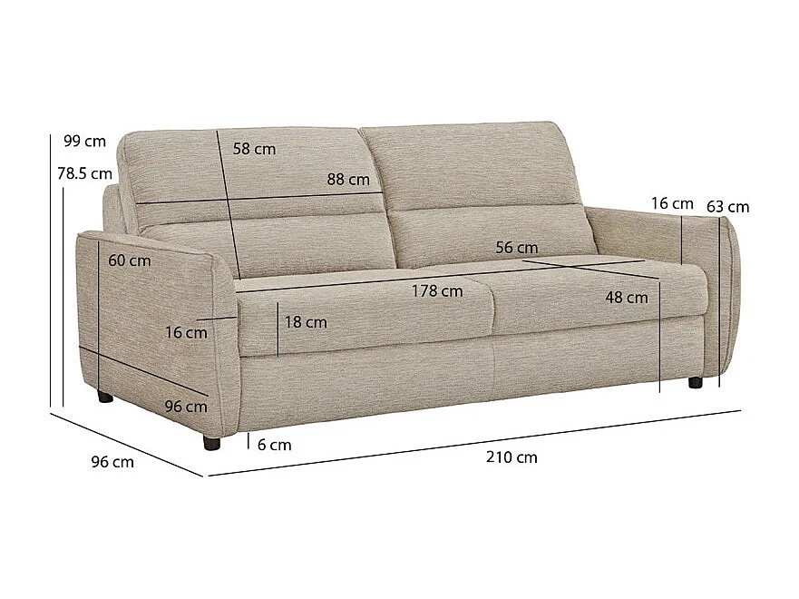 Canapé convertible 3p tissu doux beige avec matelas 160x190 cm - JOHN
