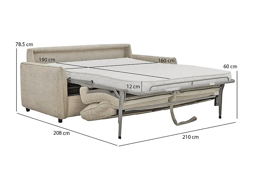 Canapé convertible 3p tissu doux beige avec matelas 160x190 cm - JOHN