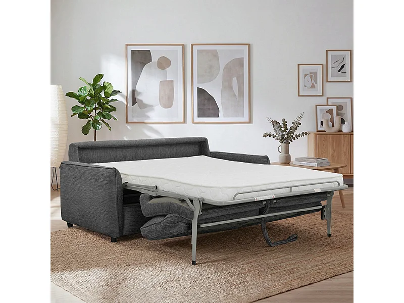 Canapé convertible 3p tissu doux gris avec matelas 160x190 cm - JOHN