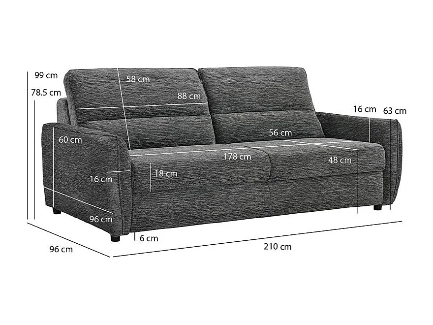 Canapé convertible 3p tissu doux gris avec matelas 160x190 cm - JOHN