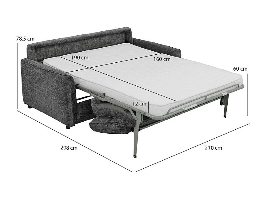 Canapé convertible 3p tissu doux gris avec matelas 160x190 cm - JOHN