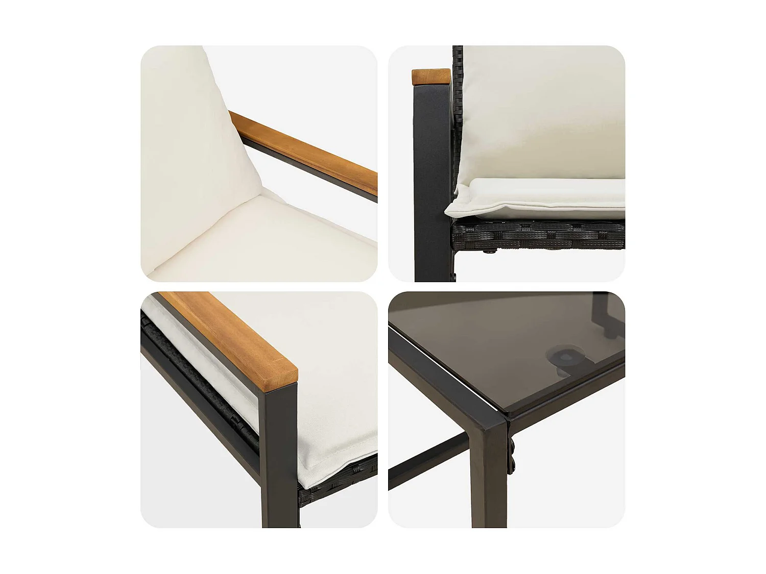 Ensembles de meubles 3 pièces Noir et blanc crème Rotin