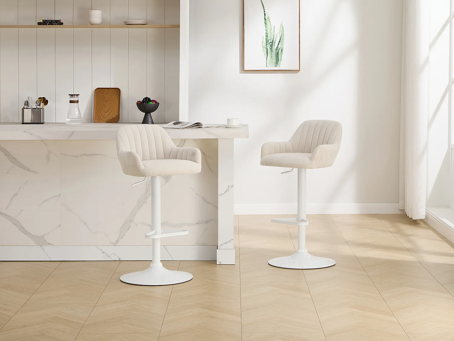 Lot de 2 tabourets de bar en tissu et métal blanc - Hauteur réglable - Crème - ELEANA