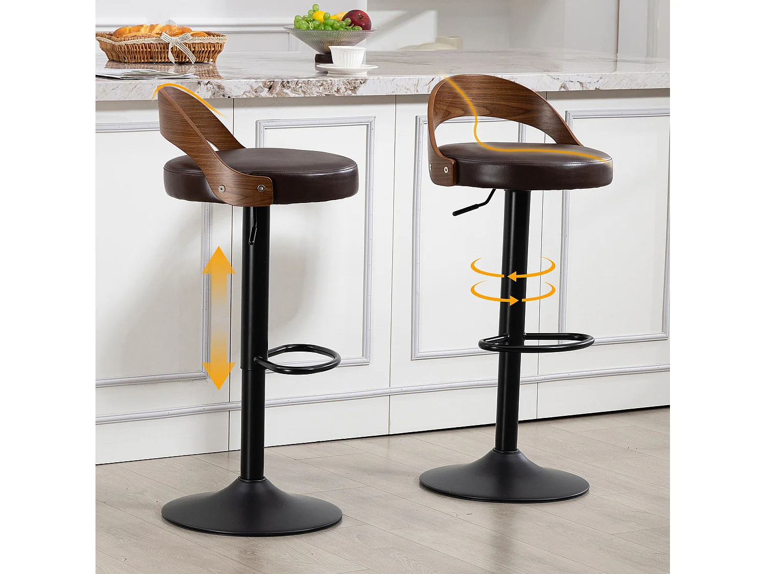 Lot de 2 Tabourets de Bar Pivotants Réglables 62-83 cm PU Cuir Style Industriel Vintage Repose-pieds Métal Charge 150 kg