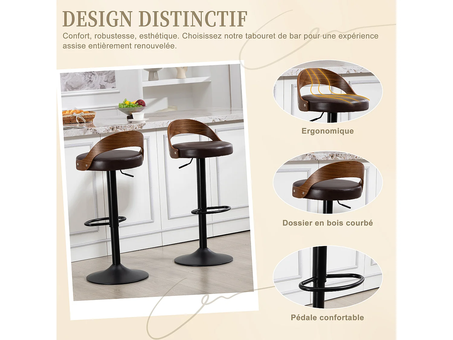 Lot de 2 Tabourets de Bar Pivotants Réglables 62-83 cm PU Cuir Style Industriel Vintage Repose-pieds Métal Charge 150 kg