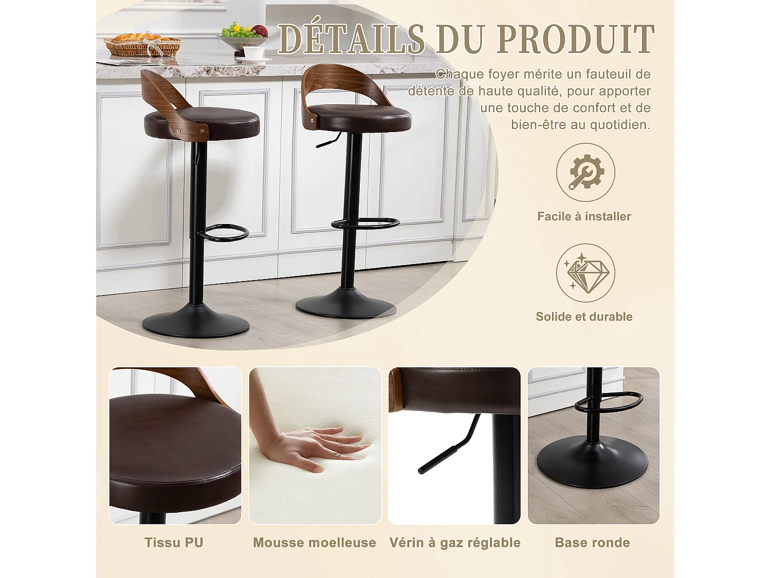 Lot de 2 Tabourets de Bar Pivotants Réglables 62-83 cm PU Cuir Style Industriel Vintage Repose-pieds Métal Charge 150 kg