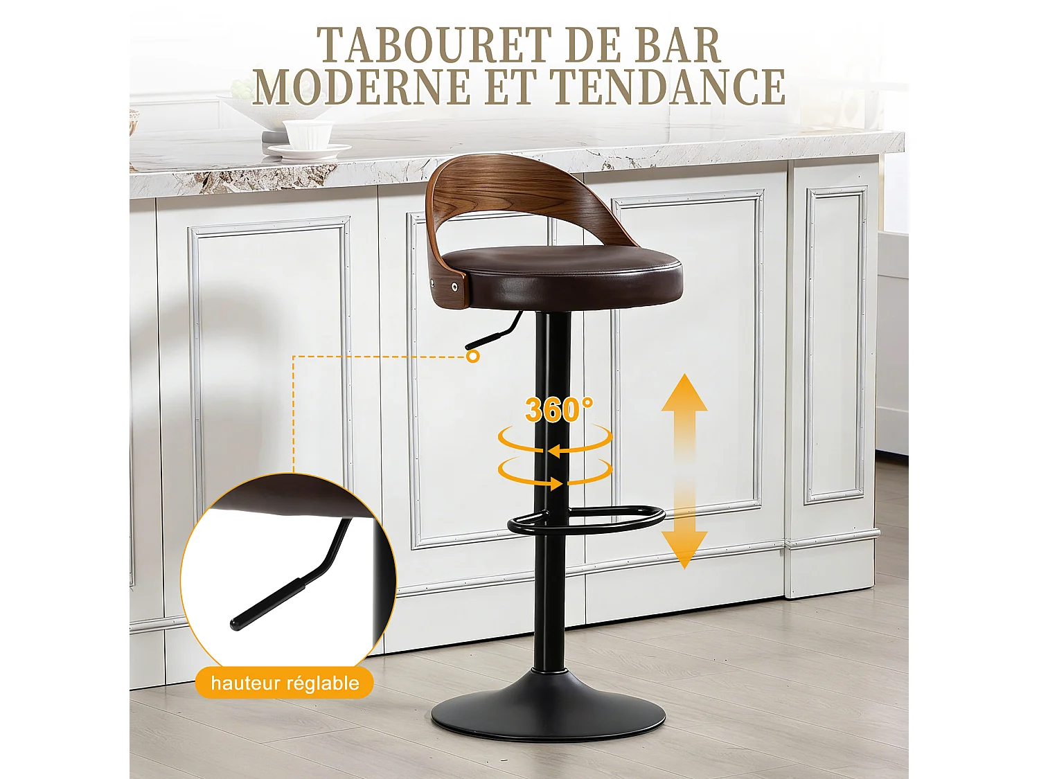 Lot de 2 Tabourets de Bar Pivotants Réglables 62-83 cm PU Cuir Style Industriel Vintage Repose-pieds Métal Charge 150 kg